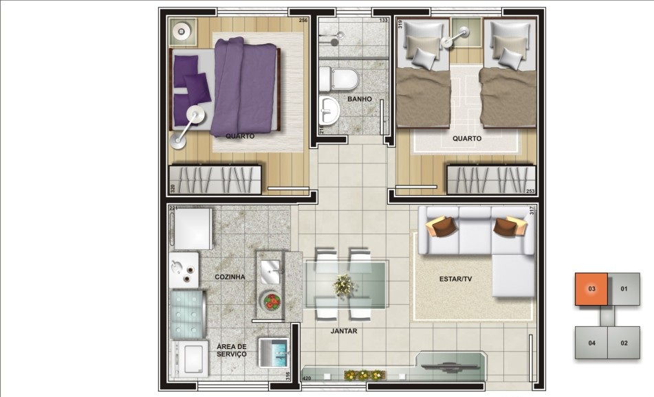Plantas de apartamentos com 2 quartos | Decorando Casas