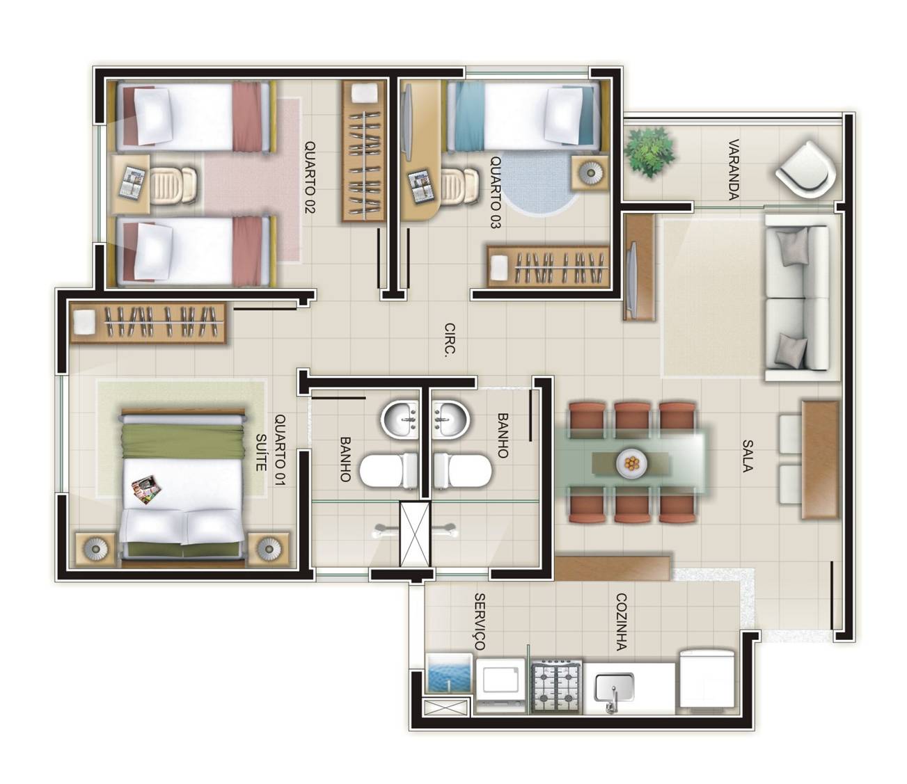 Plantas de apartamentos com 2 quartos | Decorando Casas