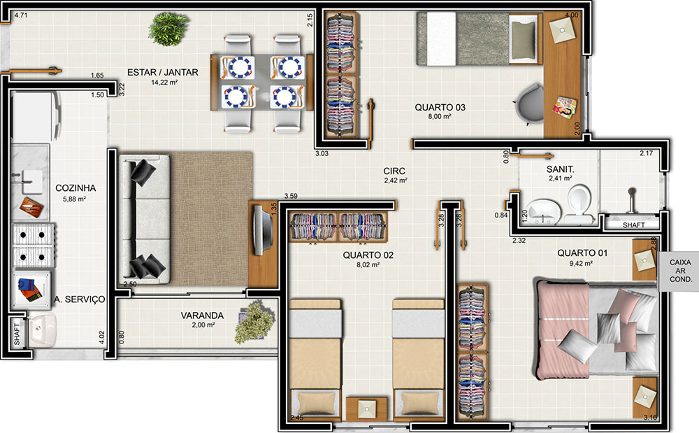 Plantas de apartamentos com 3 quartos | Decorando Casas