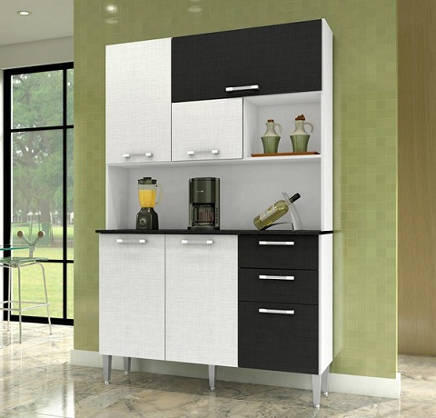 Armário de cozinha preto e branco simples e pequeno