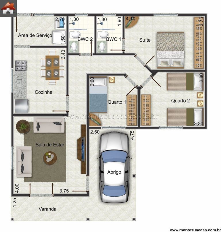 Plantas-de-casas-com-3-quartos-e-2-banheiros - Decorando Casas